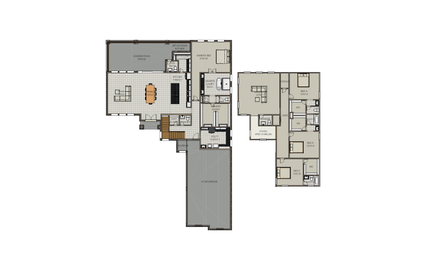 A floor plan of a house with two bedrooms and two bathrooms.