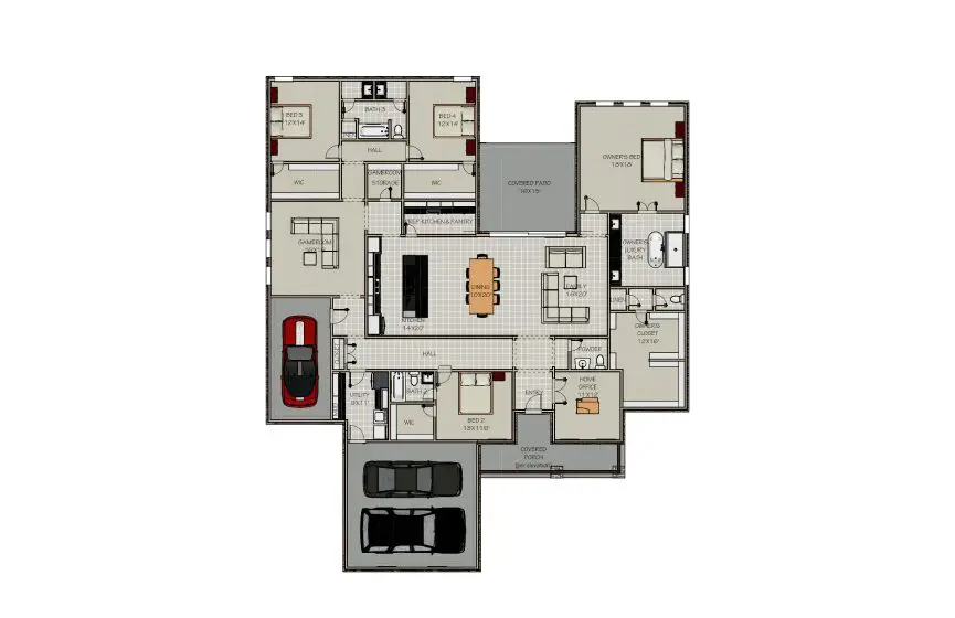 A floor plan of a three bedroom house with a car.