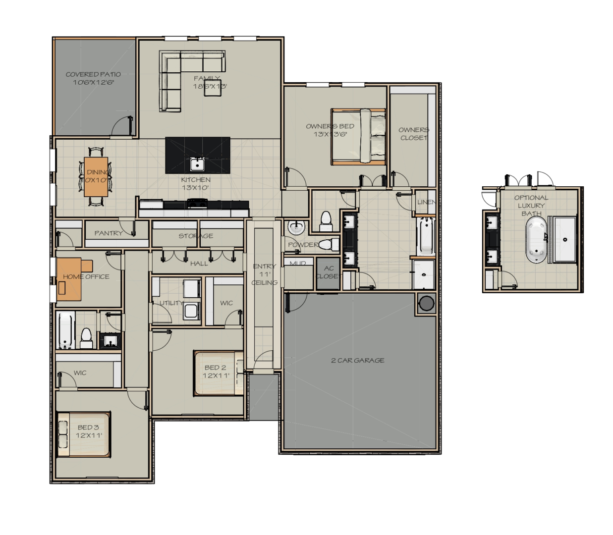 A floor plan of a house with two bedrooms and two bathrooms.