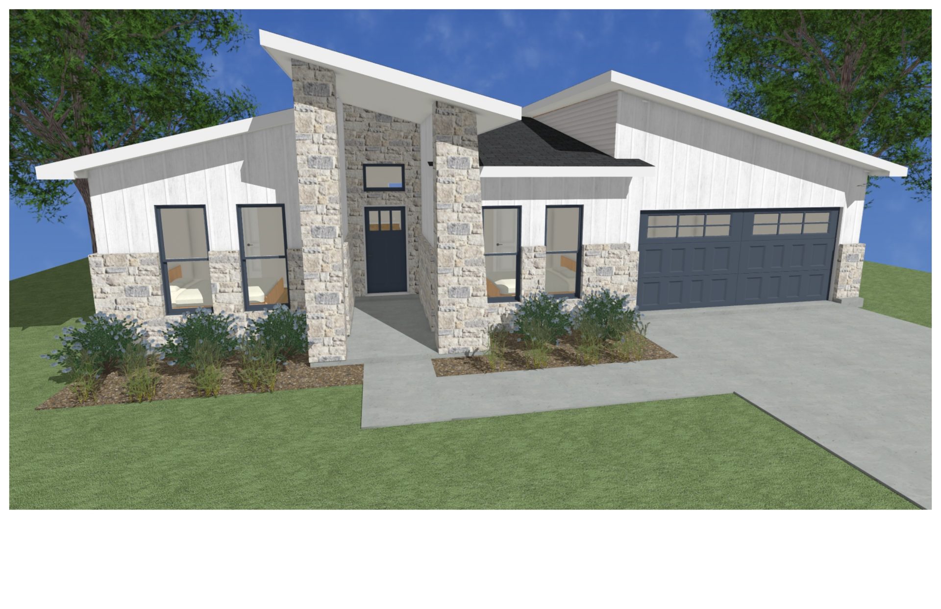 A 3d rendering of a home with a garage.