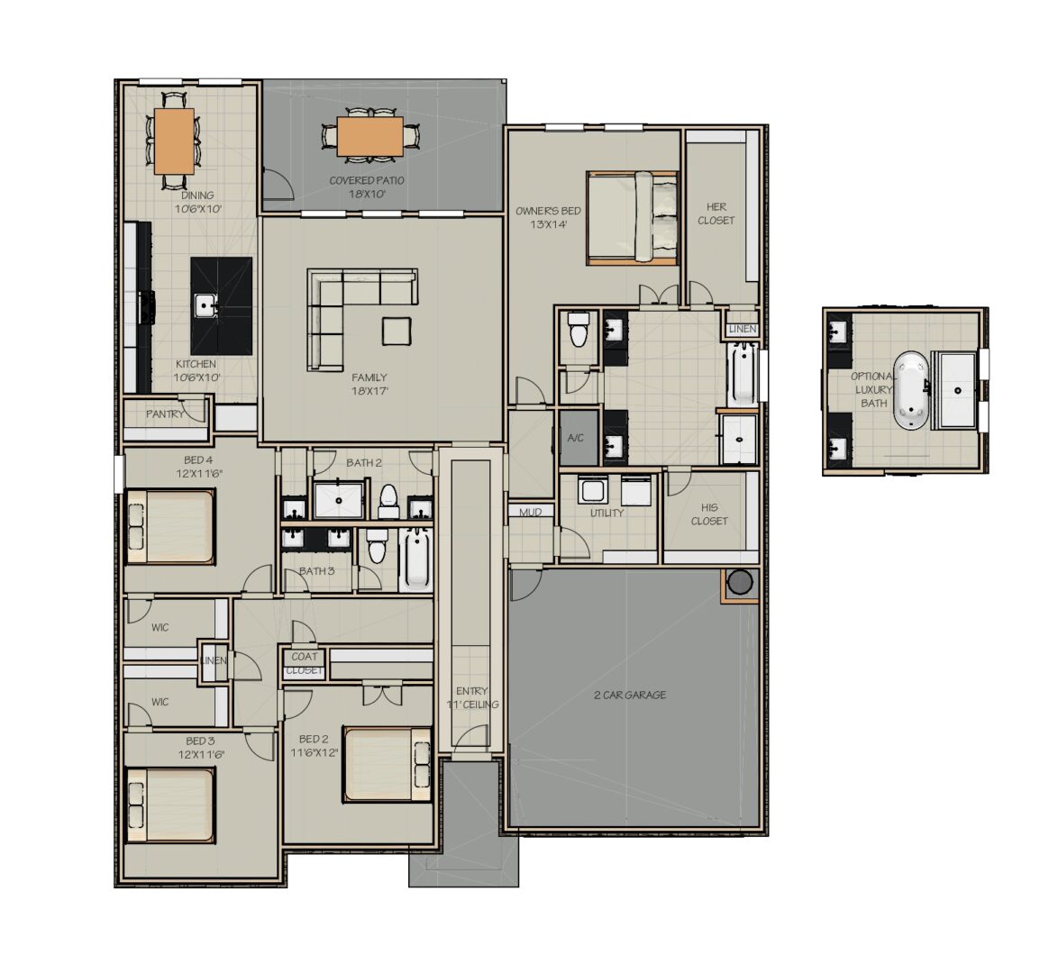 A floor plan for a three bedroom home.