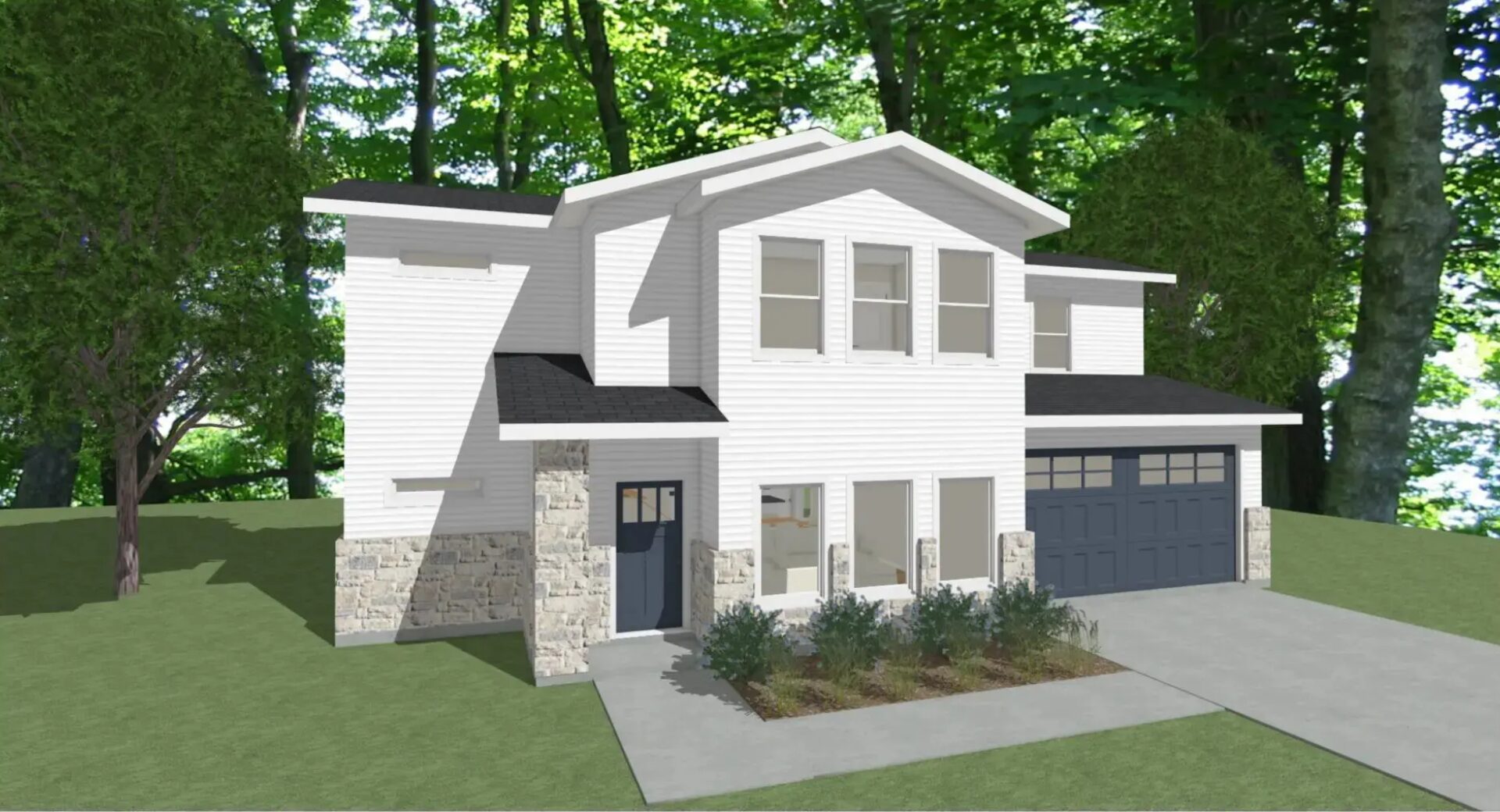 A rendering of a two story home in the woods.