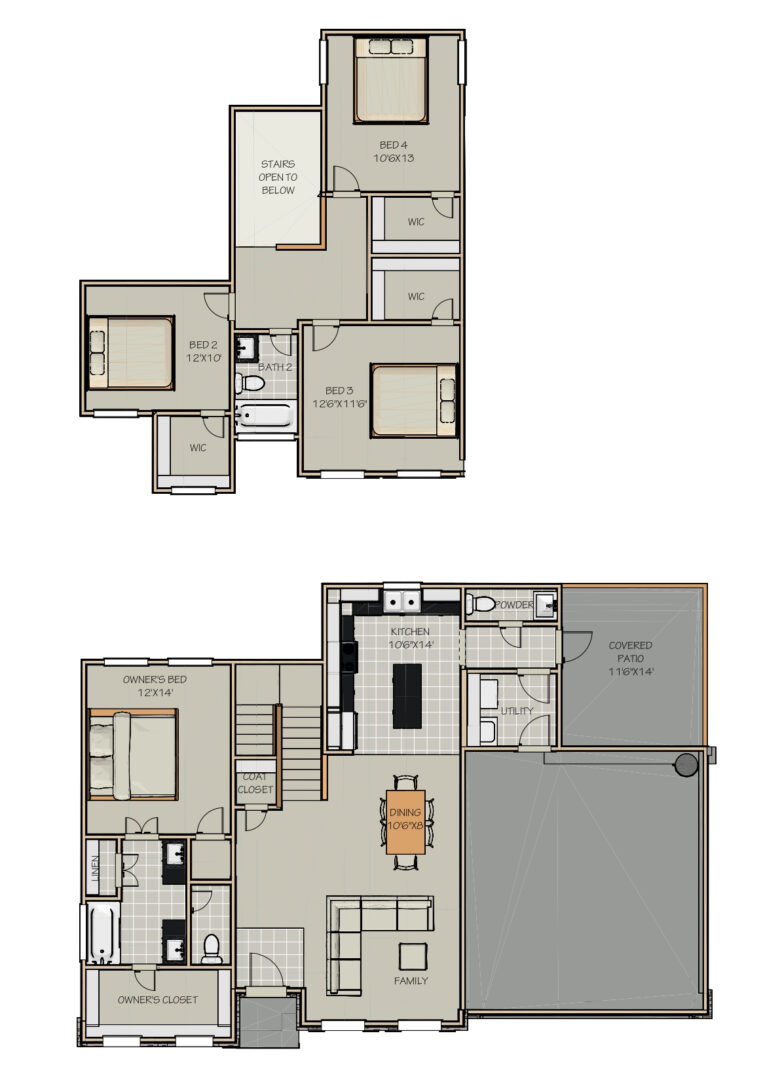 Two floor plans of a house with two bedrooms and two bathrooms.