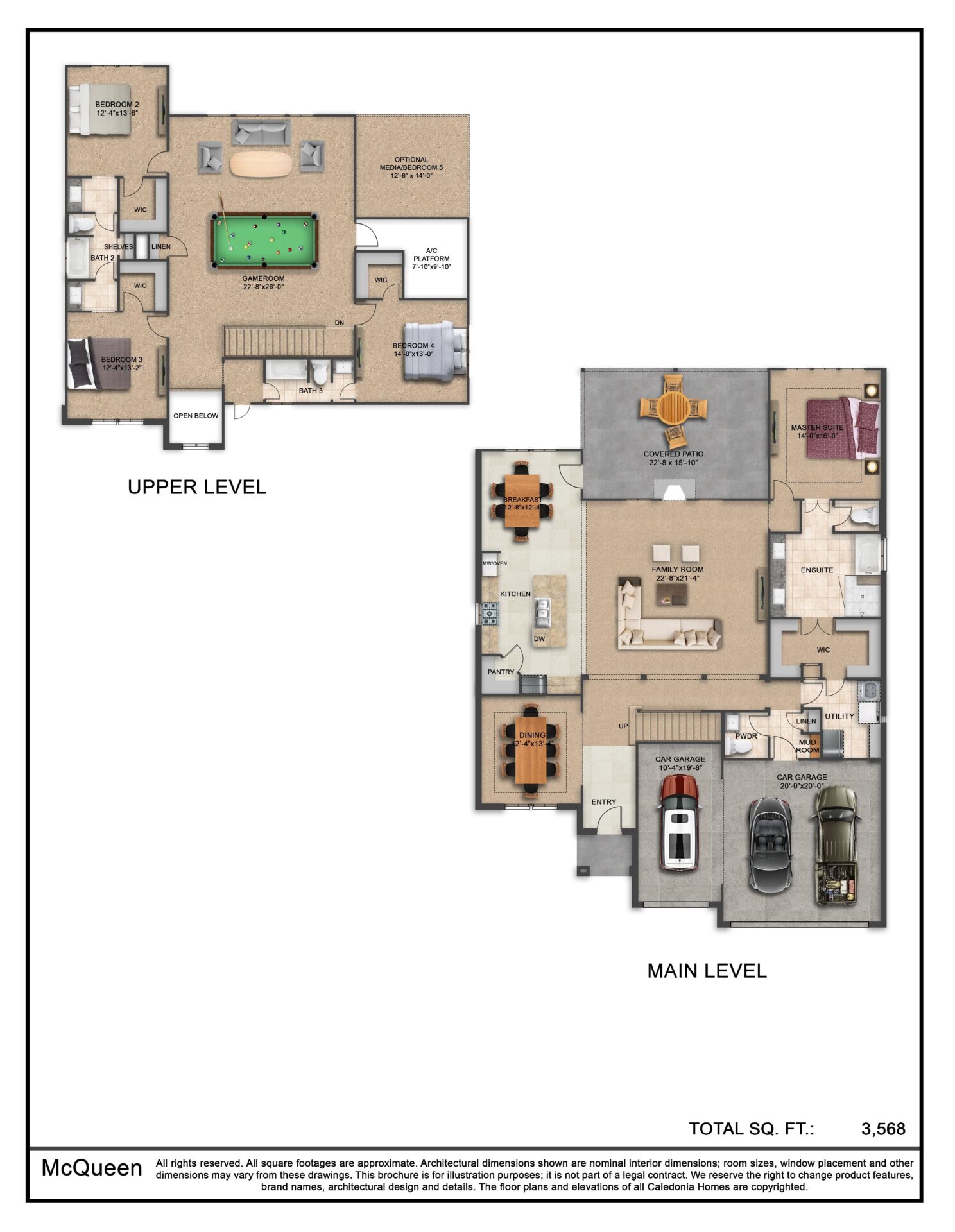 Two floor plans with two bedrooms and two bathrooms.