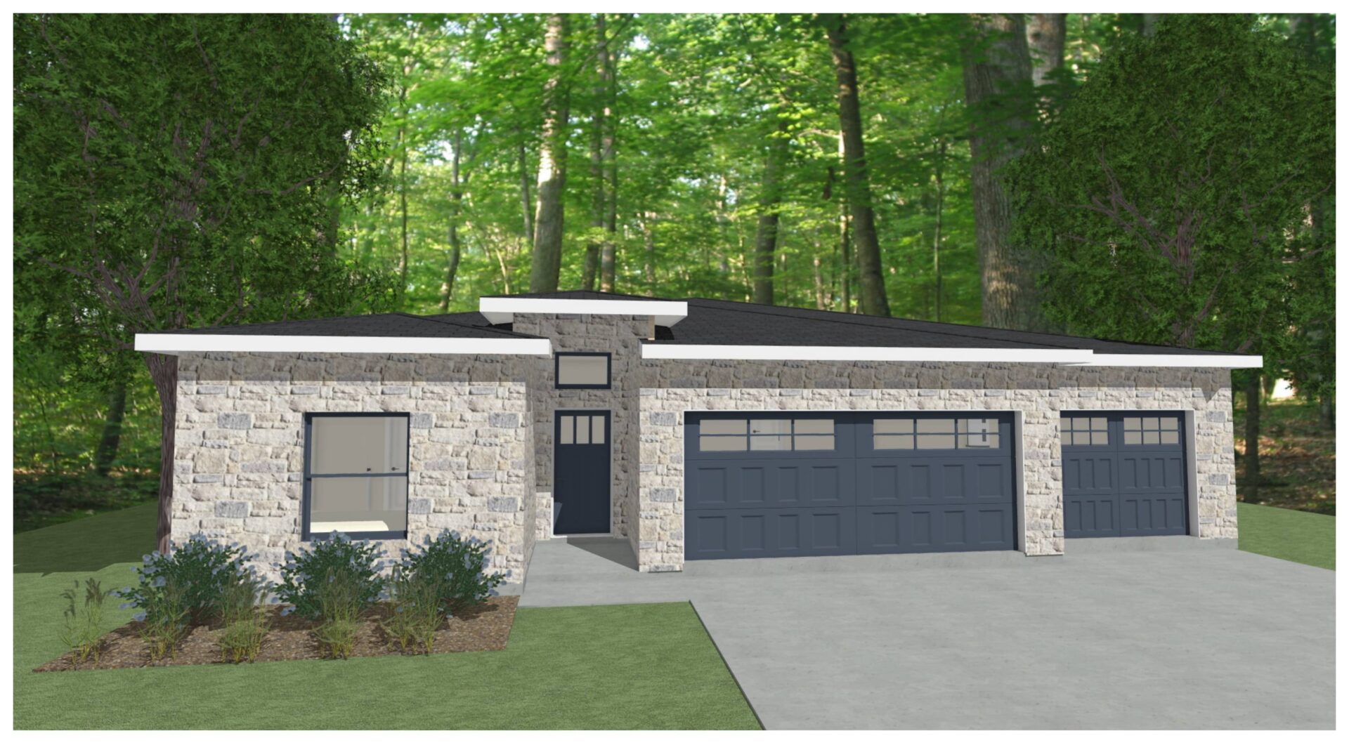 A rendering of a two - car garage in the woods.