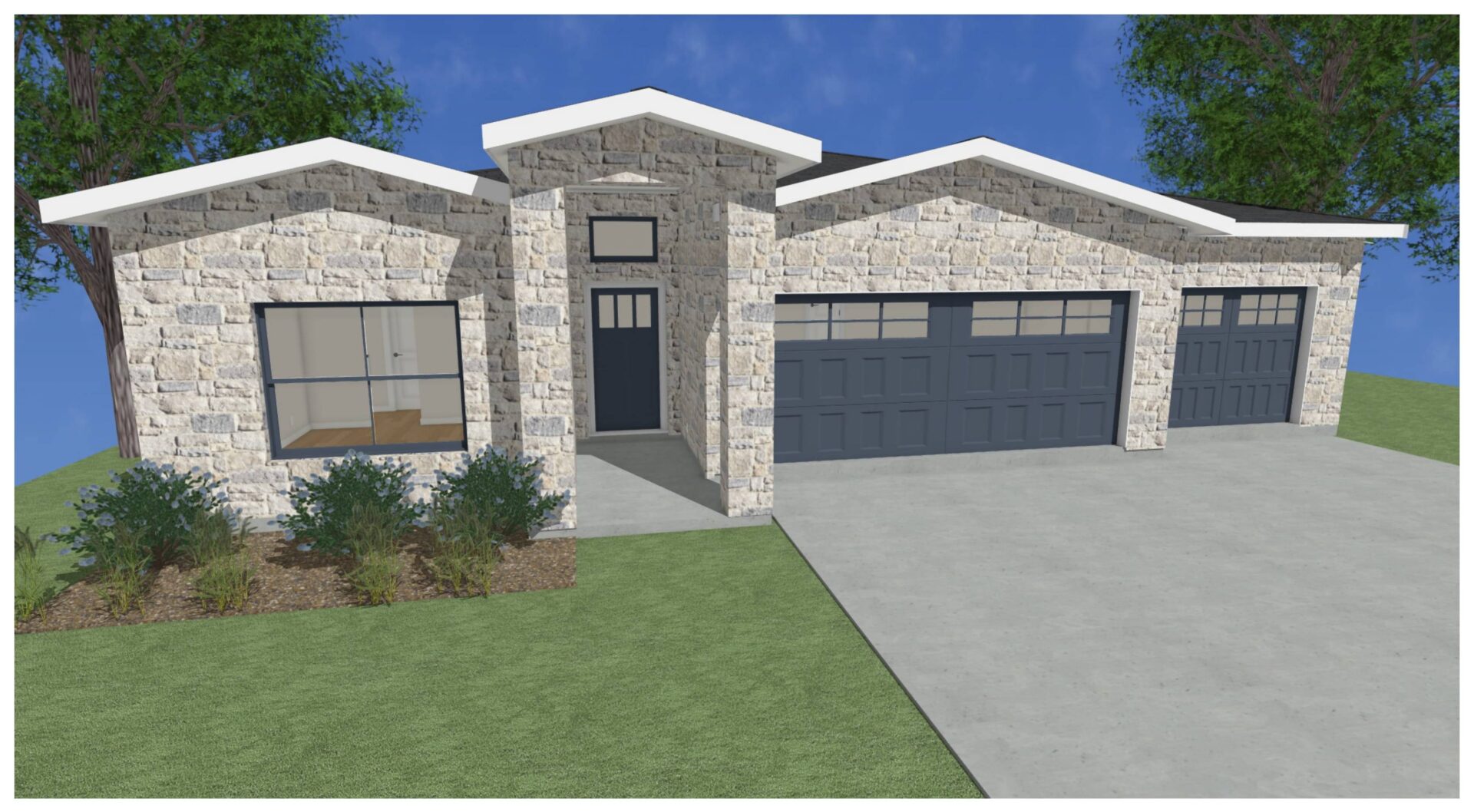 A rendering of a home with two garages.