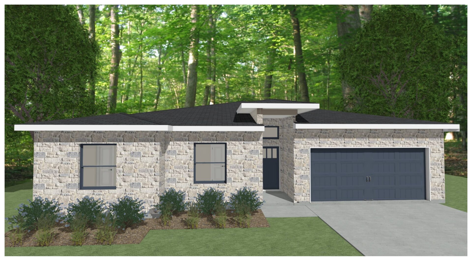 A rendering of a home with a garage in the woods.