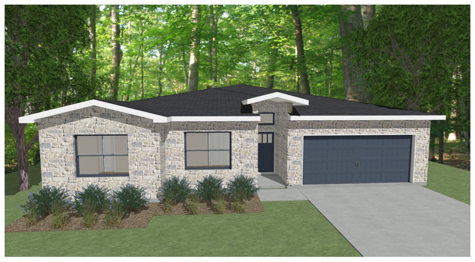 A rendering of a home with a garage in the woods.
