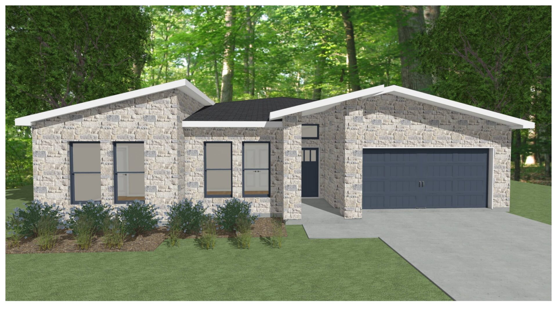 A rendering of a home with a garage.