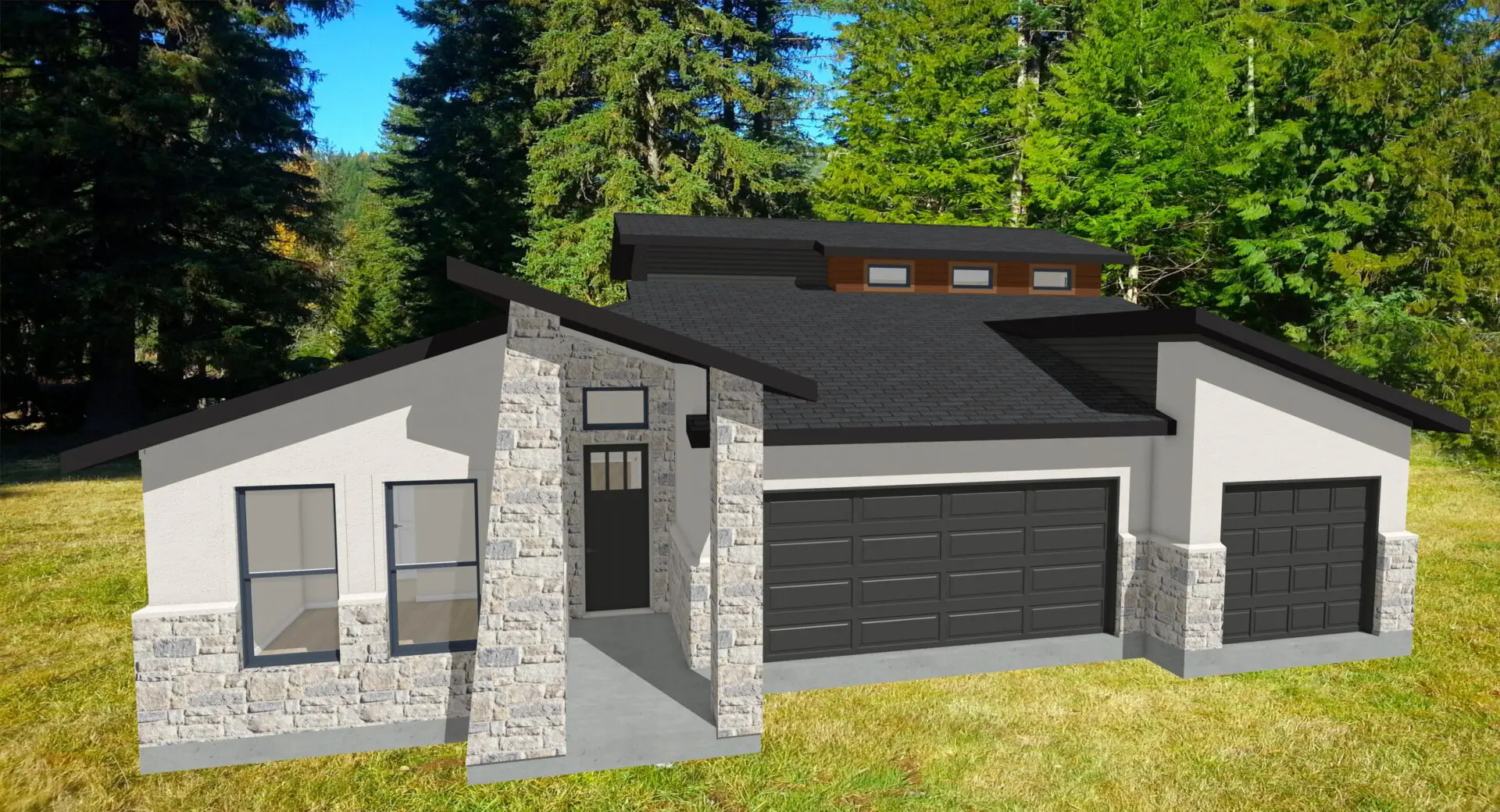 A 3d rendering of a house with a garage.
