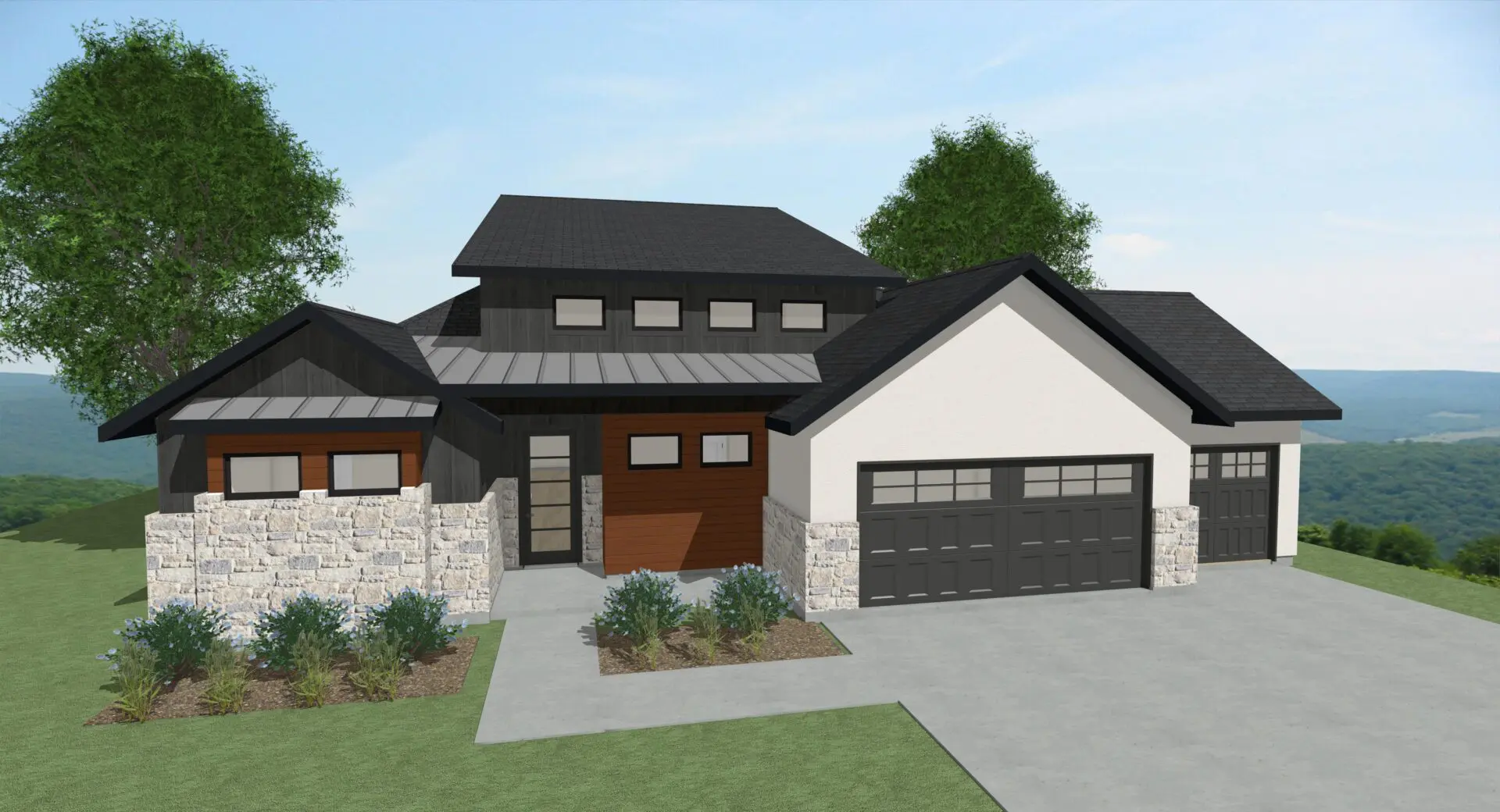 A rendering of a home with a garage and two car garage.