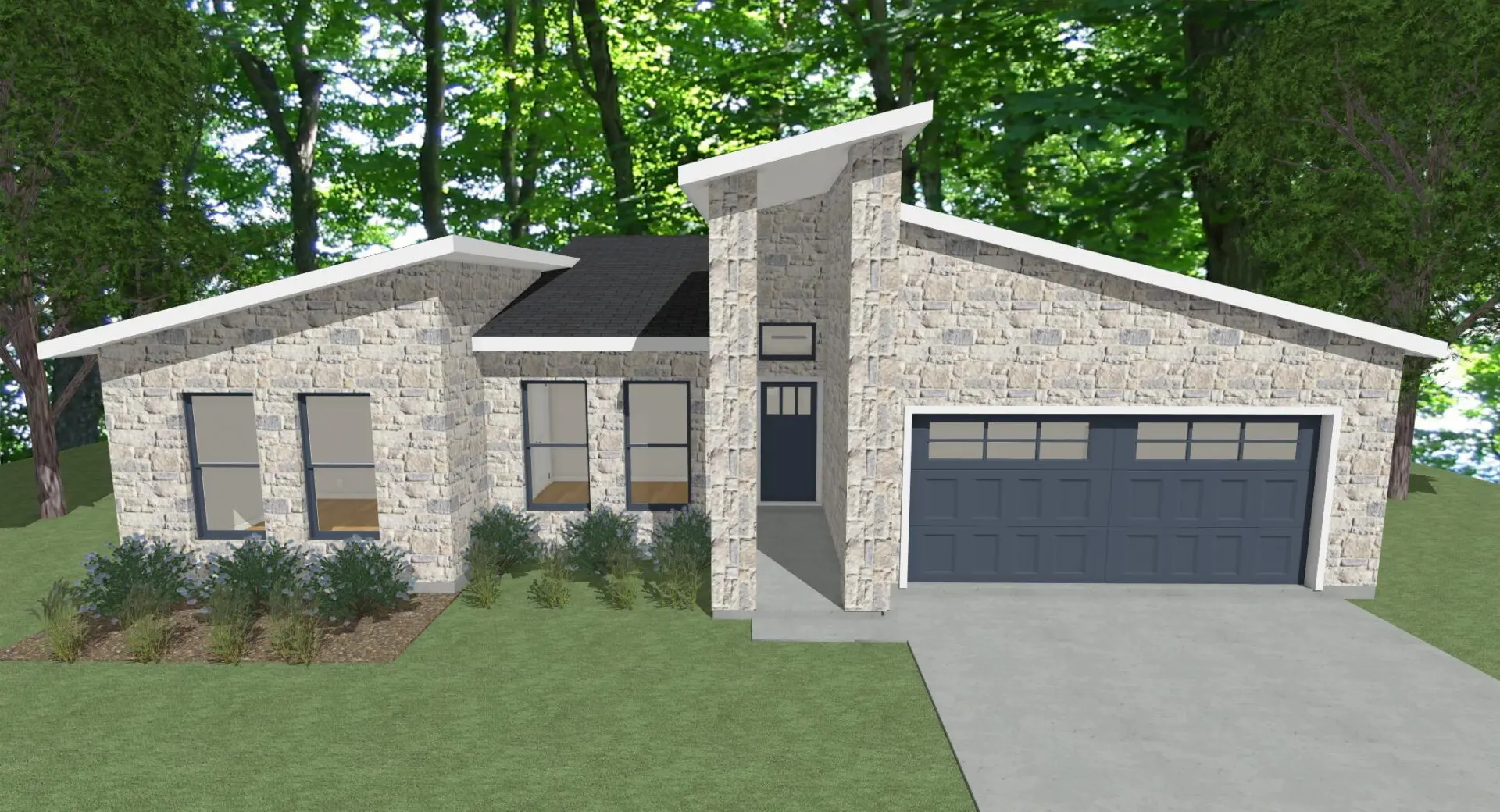 A 3d rendering of a home with a garage.